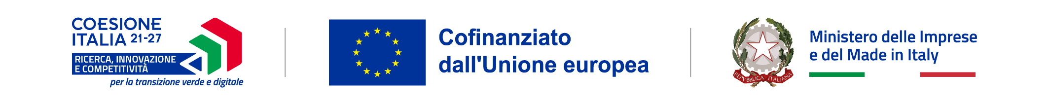 Banner showing Italy's cohesion policy logo, an EU funding notice, and the Made in Italy ministry emblem with Italian flag colors.