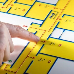 Mano che esplora una mappa tattile in rilievo con percorsi e indicazioni in braille per l’orientamento accessibile.