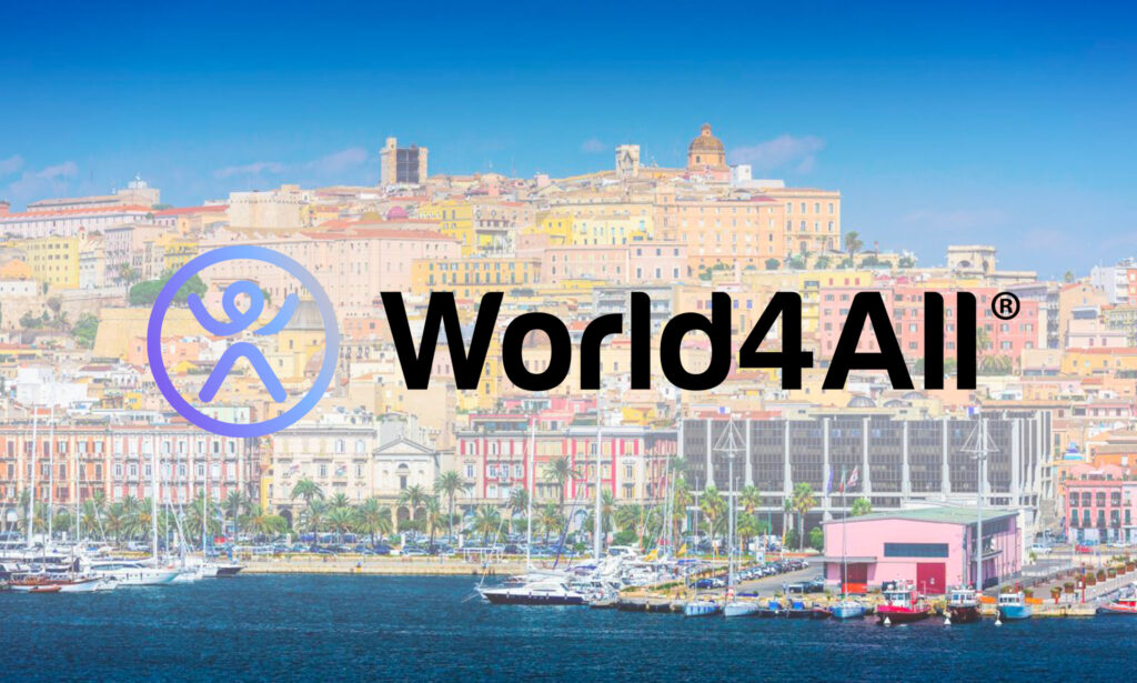 City harbor with a colorful hillside town and boats docked along the water; a large Word4AI watermark and circular logo overlay the scene.