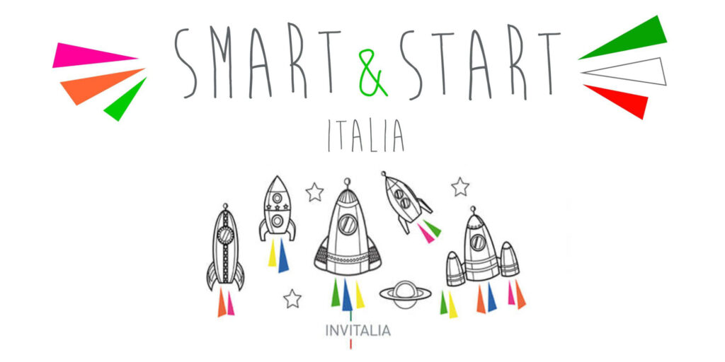 Smart & Start Italia branding with rocket graphics and colorful flame shapes on the sides.