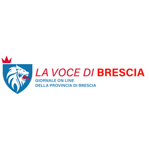 Logo for La Voce di Brescia, online newspaper of Brescia province, featuring a blue shield with a white lion and red crown, and red headline text.